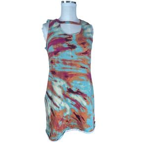 Cato Tie Dye Cutout Neck Sleeveless Mini Dress Teal Orange Purple Pockets